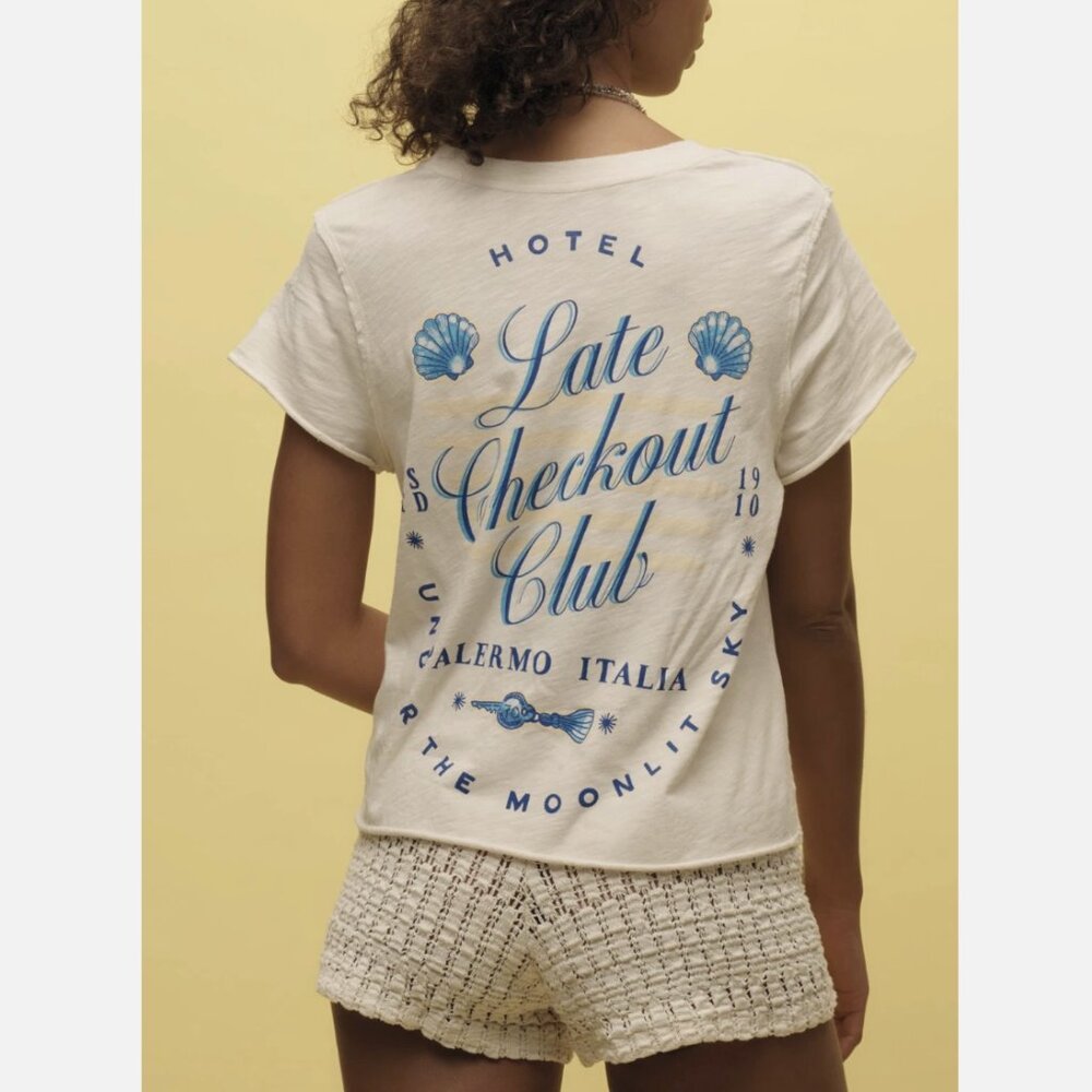 Anthropologie Maeve Ivory Late Checkout Club Short-Sleeve Graphic Tee